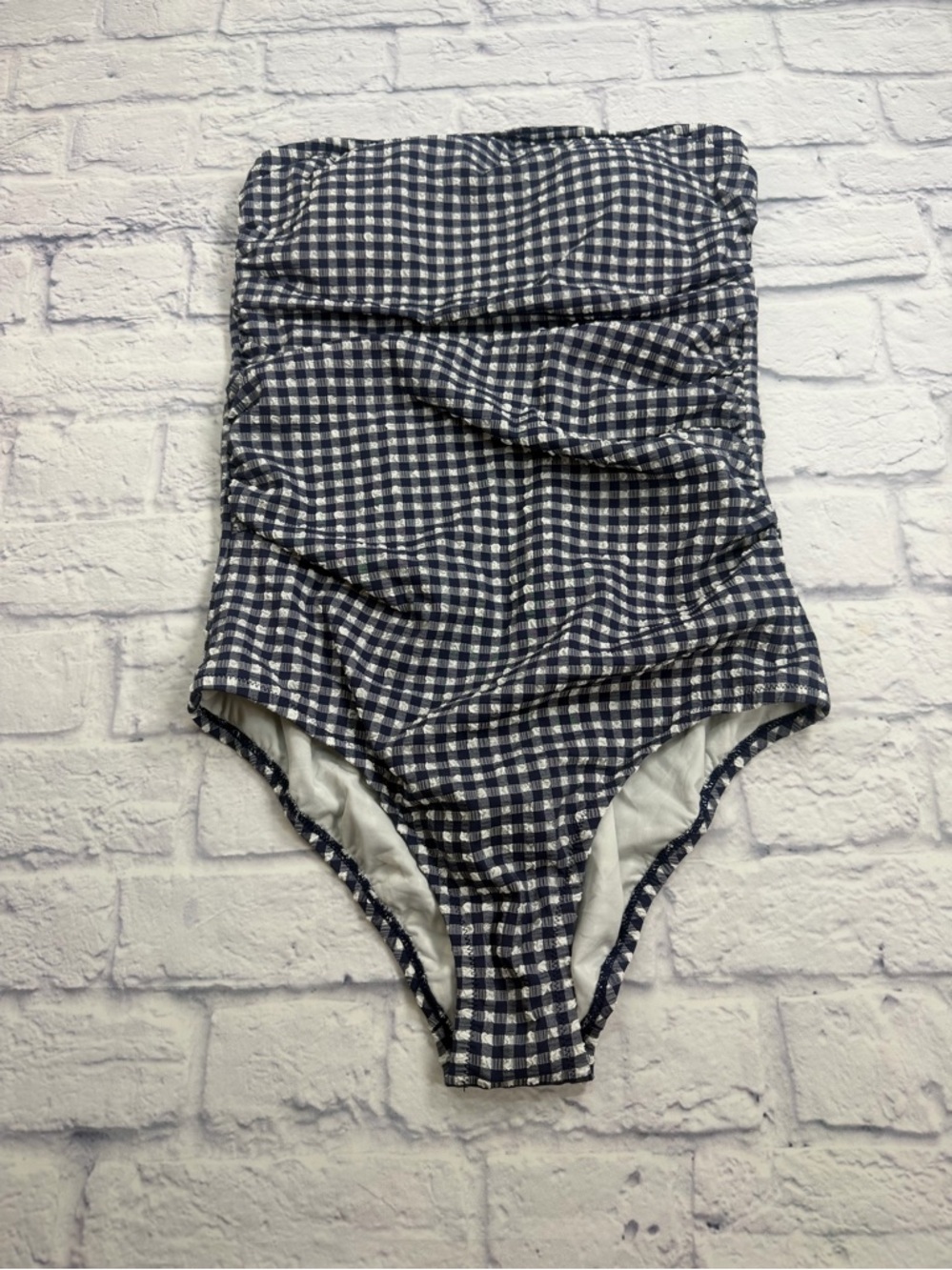 J. Crew Women's Navy and White Gingham  One-Piece Strapless Swimsuit. Size 10.